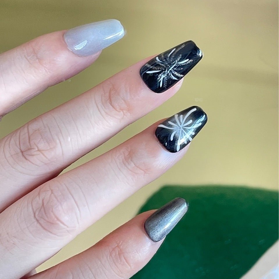 Handcrafted Press on nails with fireworks cat's eye effect, capturing the original essence of a dark and sweet cool girl style with a touch of fireworks. - Lulustudio