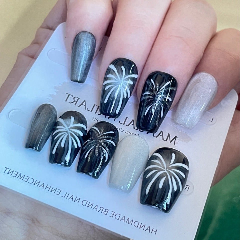 Handcrafted Press on nails with fireworks cat's eye effect, capturing the original essence of a dark and sweet cool girl style with a touch of fireworks. - Lulustudio