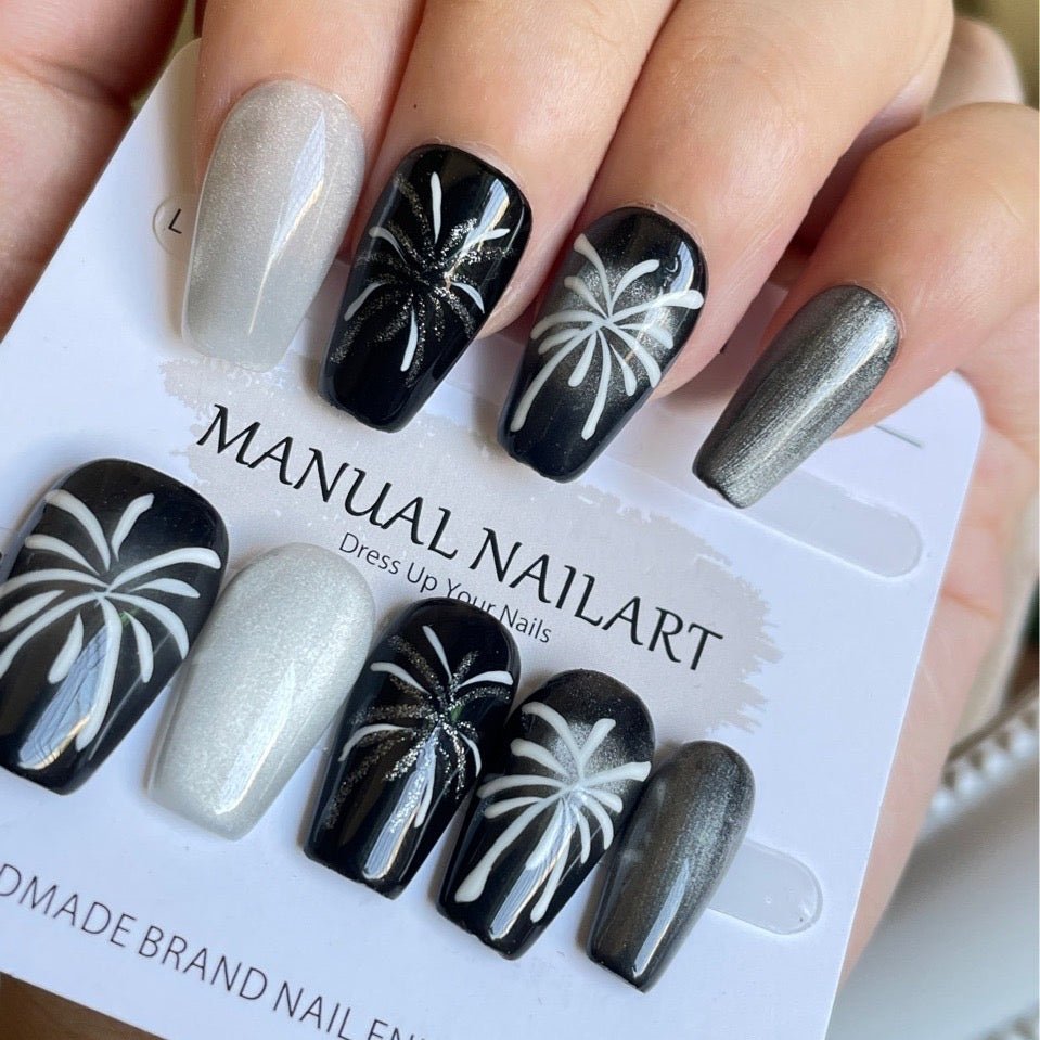 Handcrafted Press on nails with fireworks cat's eye effect, capturing the original essence of a dark and sweet cool girl style with a touch of fireworks. - Lulustudio