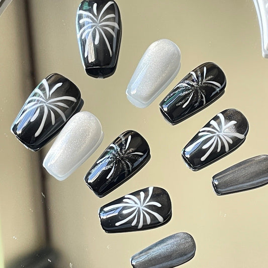 Handcrafted Press on nails with fireworks cat's eye effect, capturing the original essence of a dark and sweet cool girl style with a touch of fireworks. - Lulustudio